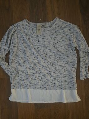 LOFT White Marled Knit Long Sleeve Top with Navy Flecks and White Chiffon Hem